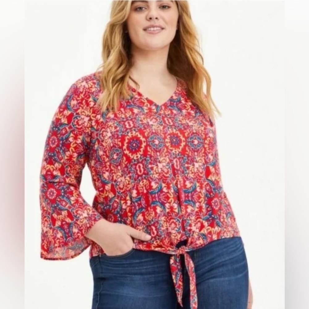 Torrid Plus Boho Slub Tie Front Bell Sleeve Blouse Red Pink Size 5X 28